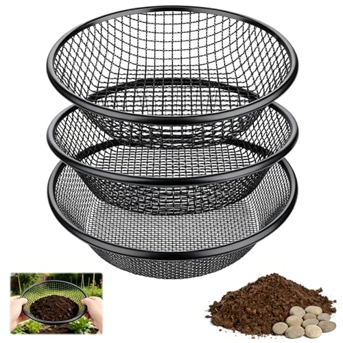3 PCS Soil Sifter for Gardening,1/4,1/6,1/9 Inch Heavy Duty Rock Dirt Compost Sifter Fits 5 Gallon Bucket,Black Stainless Steel Fine Dirt Garden Sifter for Gravel,Filtering Compost