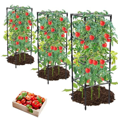 3 Pack Tomato Cages, Square Tomato Plant Stakes Support Cages Trellis for Garden Climbing Vegetables Flowers Fruits,Extra Bold,Black - color: black