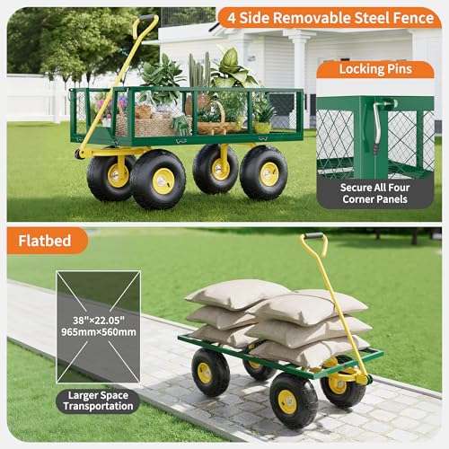 900 Lbs Heavy Duty Steel Garden Cart for Yard, Lawn, Patio, Farm & Construction, 2-in-1 Utility Wagon with Removable Sides, 10" All-Terrain Wheels, Green Yellow
