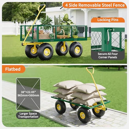 900 Lbs Heavy Duty Steel Garden Cart for Yard, Lawn, Patio, Farm & Construction, 2-in-1 Utility Wagon with Removable Sides, 10" All-Terrain Wheels, Green Yellow