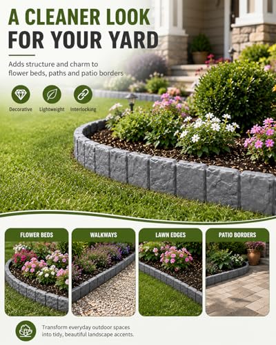 Faux Stone Garden Fence No Dig Landscape Edging Border (red, 20pcs) - color: red
