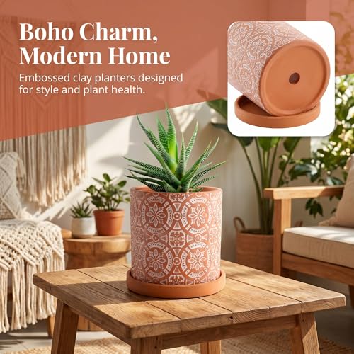 Jucoan 2 Pack Terracotta Plant Pot, 5'' Red Clay Planter Pot with Boho Flower Pattern, Ceramic Cactus Flower Planter Succulent Pot with Drainage Hole and Saucer for Indoor Outdoor Plant
