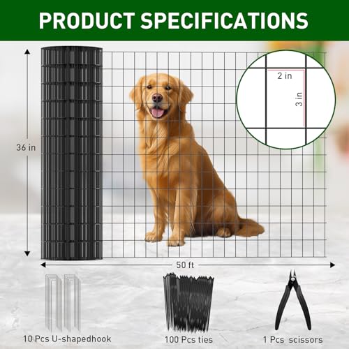Black PVC Coated Welded Wire Fence 36 in x 50 Ft for Yard Plant Protection - size: 36in x 50ft