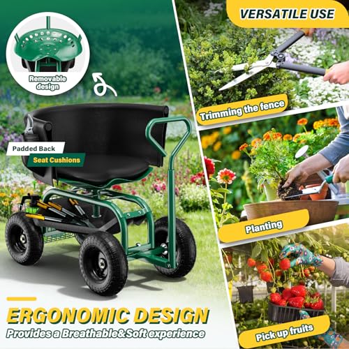 Garden Seat with Wheels, Rolling Garden Stool with Adjustable 360°Swivel Seat - color: Green