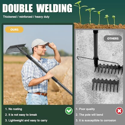 63'' Bow Rake Heavy Duty Garden Rake with Stainless Steel Handle, Tines Metal Head Rake Tool for Loosening Soil Gathering Leaf Leveling Lawn Farming Land Management Yarn Thatch Rake - size: 63"