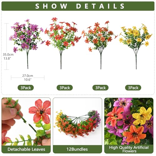 Artificial Flowers for Outdoors Spring Summer Decoration, 12 Bundles Fake Plants UV Resistant Realistic Faux Flower Silk Daisy with Eucalyptus Stem for Patio Planter Porch Yard Window Box Balcony - color: Pureple Red Orange Yellow, size: 12 PCS