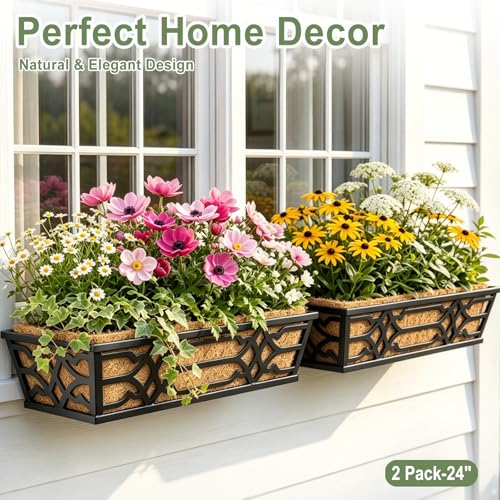 4 Pack 24 Inch Window Boxes Planters with PET Tray and Coco Liner, Metal Railing Planter Boxes for Outdoor Plants, Heavy Duty Hanging Garden Trough for Porch Deck Railing and Backyard Fence - size: 24 Inch