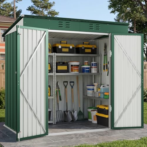 Gizoon 8x6 FT Outdoor Shed, Metal Tool Shed Lockable Doors, Green - color: Green, size: 8' x 6' FT/Sloped-roof