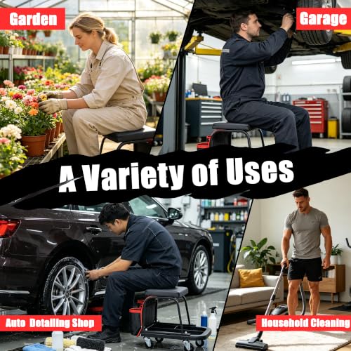 Rolling Mechanic Garage Stool on Wheels with Side Pockets, Black - color: Black