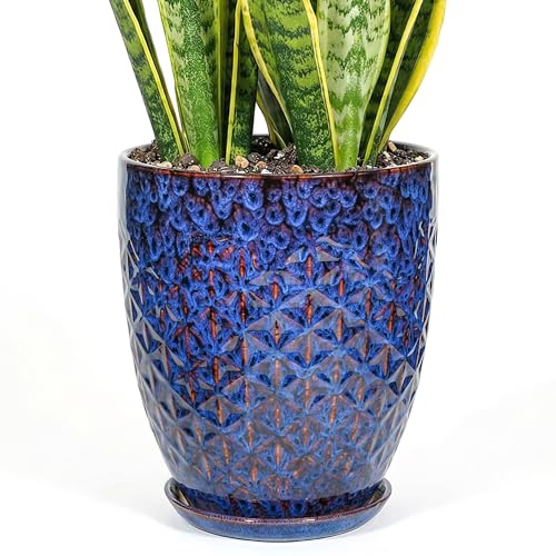 11.8 Inch Flower Pots for Indoor Plants,Ceramic Planter with Saucer Drainage Leak-Proof Mesh Gardening Gloves (Peacock-Blue) - color: Peacock-blue, size: 11.8 Inch