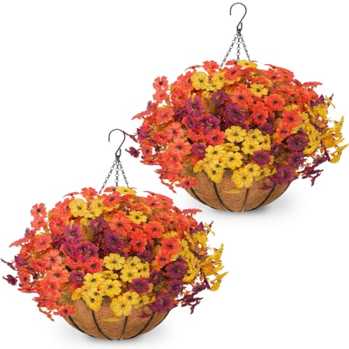 2 Set Artificial Fall Hanging Flower Baskets for Outdoor Autumn Decor - color: Fall Mums