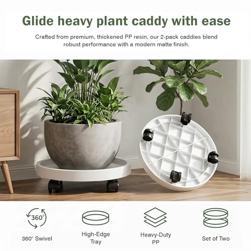 2 Pack Plant Caddy with Wheels,12.6 inch Rolling Plant Stands - color: White