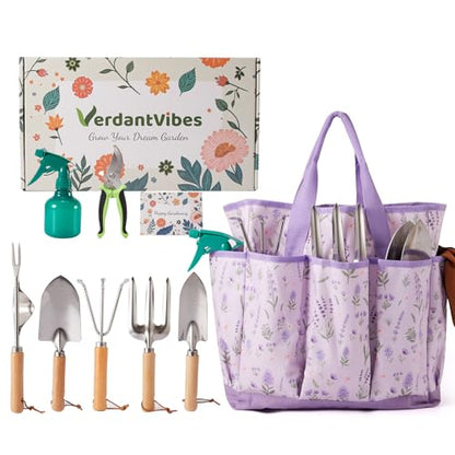 VerdantVibes Gardening Tool Set - 10 Piece Stainless Steel Garden Tools with Wood Handle, Pruners & Purple Lavender Print Tote Bag - Heavy Duty Gardening Gifts for Women Mom & Purple Lovers - color: Purple