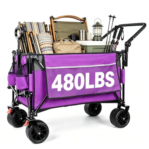 Folding Wagon Cart with Removable Canopy 480LBS Utility Cart on Wheels - color: Purple Canopy