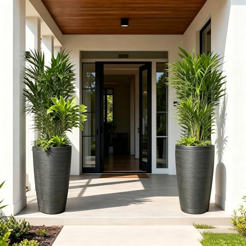 Autodaya 22.8" Tall Outdoor Planters Set of 2, Faux Brushed Steel Finish - color: Metallic Brushed Black-21.8"h
