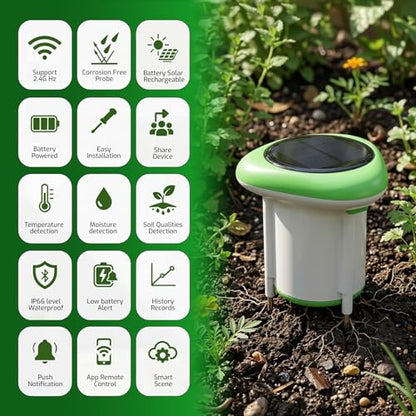 WiFi Soil Moisture Meter, 3-in-1 Smart Soil Tester for EC/Temp/Moisture, Wireless Plant Monitor with App, High Precision Digital Soil Sensor for Indoor Outdoor Garden & Lawn(Solar Powered)