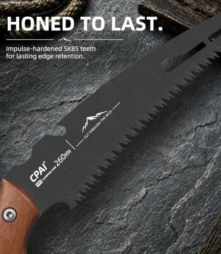 S53 Curved Pruning Saw, 10-Inch SK85 Steel Hand Saw with Triple-Ground Teeth, Rosewood Handle, Protective Leather Sheath and Fire Starter for Tree Trimming, Camping, Gardening, Bushcraft
