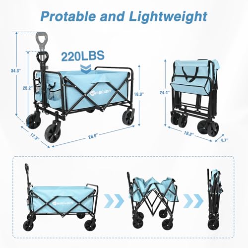 Yesker Foldable Wagon - 220lbs Collapsible Garden Carts with All Terrain Wheels for Outdoor Camping Sports Shopping Gardening - Heavy Duty Portable Utility Trolley (Blue) - color: Blue, size: 27*18*17"