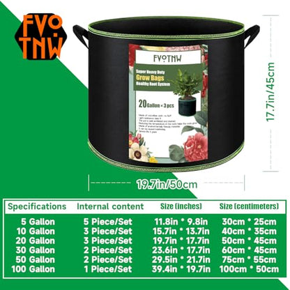 3-Pack 20 Gallon Grow Bags, Thickened Nonwoven Fabric Pots with Handles,Sturdy Garden Planters Aeration Gardening Container to for Plants, Vegetables, and Flowers