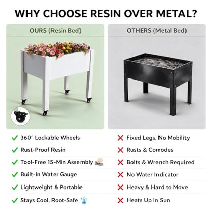 Raised Garden Bed with Wheels, Resin Elevated Planter Box, Ashen - color: Ashen, size: 26.3" H