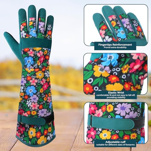 Gardening Gloves for Women, Long Garden Gloves with Grip, Thorn-Proof, Gift - color: Dark Green - Flower Leaf