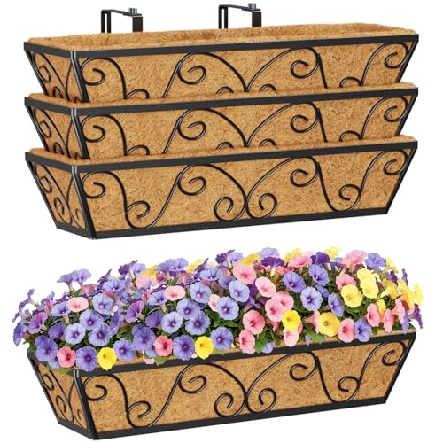 HFHOME 24 Inch Railing Planter Box with Coco Liners for Porch, Fence, Patio, Balcony Hanging Flower Railing Baskets with Adjustable Brackets, Outdoor Garden - 4 Packs - size: 24"-4P Butterfly