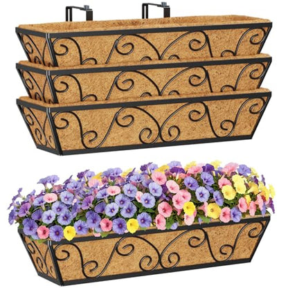 HFHOME 24 Inch Railing Planter Box with Coco Liners for Porch, Fence, Patio, Balcony Hanging Flower Railing Baskets with Adjustable Brackets, Outdoor Garden - 4 Packs - size: 24"-4P Butterfly