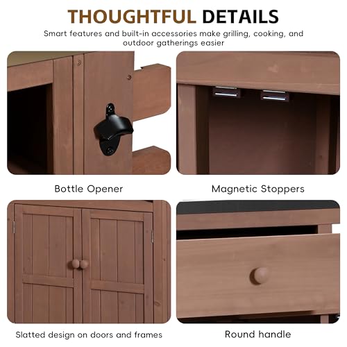 GDFStudio Winford Patio Kitchen Island Cart with Extendable Top, Wooden Outdoor Storage Cabinet with Stainless Steel BBQ Prep Table Top, Drawers, Spice Rack and Lockable Wheels, Potting Bench, Brown - color: Brown