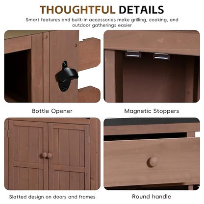 GDFStudio Winford Patio Kitchen Island Cart with Extendable Top, Wooden Outdoor Storage Cabinet with Stainless Steel BBQ Prep Table Top, Drawers, Spice Rack and Lockable Wheels, Potting Bench, Brown - color: Brown