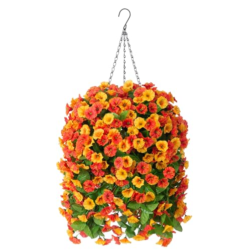 Fake Fall Artificial Outdoor Flowers Plant with Hanging Basket UV Resistant - color: Orange