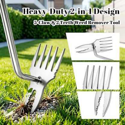 Weed Puller Tool, 5-Claw & Crab Claw 2-in-1 Heavy Duty Weed Remover, Ergonomic Long Handle Manual Weeding Tool for Dandelion, Crabgrass, Patio, Lawn & Garden