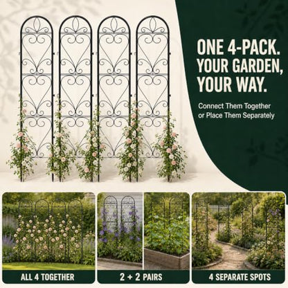 4 Pack Q195 Metal Garden Trellis for Climbing Plants, 66 x 13in - color: black-4pc