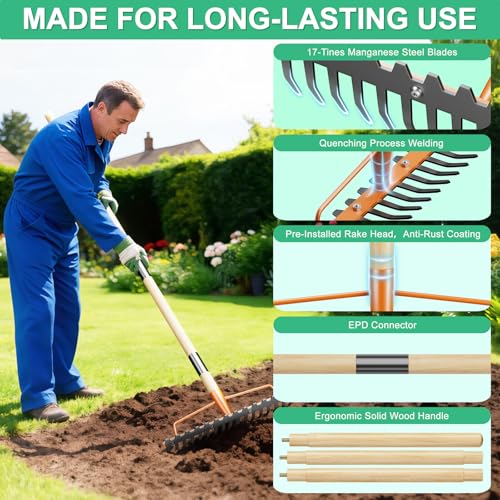 Bow Rake Heavy Duty 17-Tine, 55" Wooden Handle Garden Rake