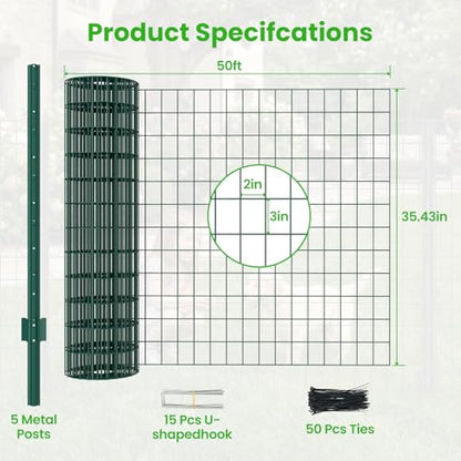 DoCred Welded Wire Fence 35.4inx 50ft, PVC Anti-Rust Coated Metal Wire Mesh - color: Green, size: 35.4Inch x 50FT
