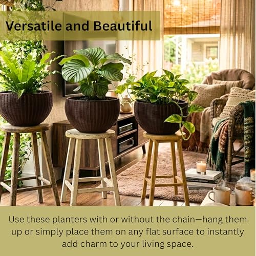 LaLaGreen Hanging Planters (11in, 3 Pack) Self-Watering Hanging Flower Pots - color: Brown X 3