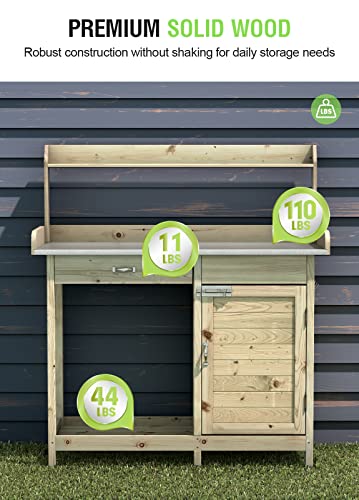 ARNOT Outdoor Potting Bench with Stainless Steel Tabletop, Wooden Garden Workstation with Storage Shelves for Planting, Repotting and Gardening Tools, Natural Fir Wood, 44" x 18" x 49.5"