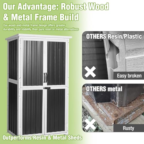 GUTINNEEN Outdoor Tool Cabinet, Heavy Duty Wood & Metal Frame Garden Storage Shed, Rustproof & Anti-Breakage for Tools & Equipment (Dark Black) - color: Dark black