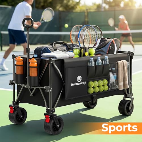 70”L Extender Collapsible Wagon, Extra Long Foldable Wagon Cart with Extended Tailgate, Heavy Duty Rolling Utility Cart with All-Terrain Big Wheels for Transport Sports Beach, Black