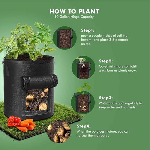 3 Pack of 10-Gallon Potato Planting Bags with Harvest Viewing Window, Thickened Breathable Non-Woven Planters with Handles - Ideal Fabric Planting Containers for Plant Potatoes (Khaki/Green/Black) - color: Khaki/Green/Black