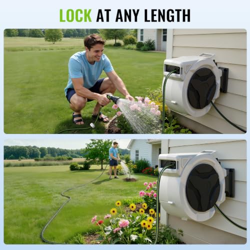 100 FT x 1/2 Inch Retractable Garden Hose Reel for Garden Watering - color: Silver