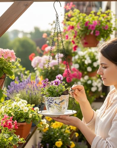 TEATALK Hanging Planters for Indoor Plants, Ceramic Pots with Drainage Hole, 4 Inch Hanging Planter with Chain, Outdoor Hanging Baskets for Plants, Birds & Flowers, Cup Shape - style: Flowers Birds
