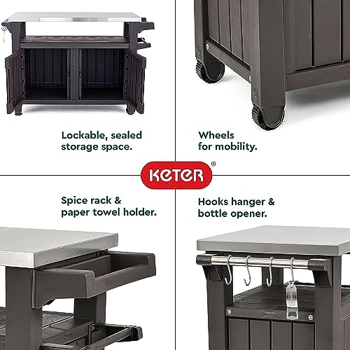 Keter Outdoor Rolling Table Cart for Food Prep, Storage, Dark Brown - color: Brown