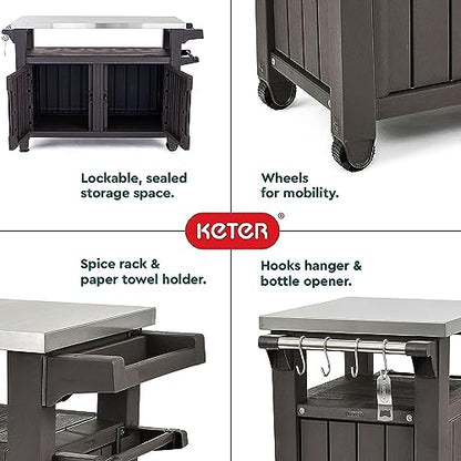 Keter Outdoor Rolling Table Cart for Food Prep, Storage, Dark Brown - color: Brown