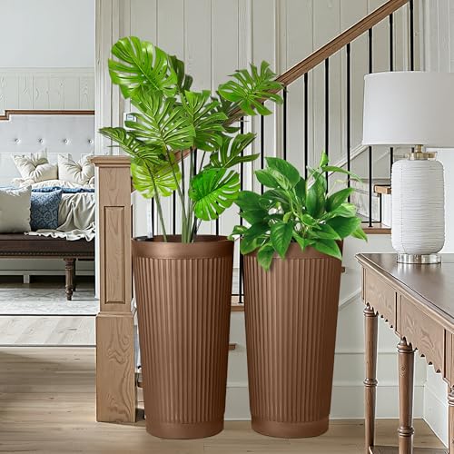 FENCY Self Watering Tall Planters Set of 2, Brown Round - color: Brown-round Ribbed