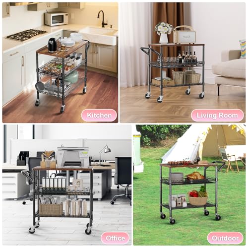 WDT 3 Tier Rolling Carts with Wheels, Heavy Duty Rolling Utility Cart with Wood Tabletop, Commercial Grade Metal Cart with Handle and Hooks, NSF Storage Serving Carts for Kitchen Island, Wood+Metal - color: Wood+metal-3 Tier