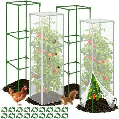 ROADPLUM 2 Pack Square Tomato Cages with 2 Plant Covers, 48" Heavy Duty Adjustable Tomato Cage for Garden, Plastic Coated Steel Pipe Stakes Trellis Plant Cages for Vegetable, Fruit, Climbing Plants - size: 2 PACK with Plant Covers