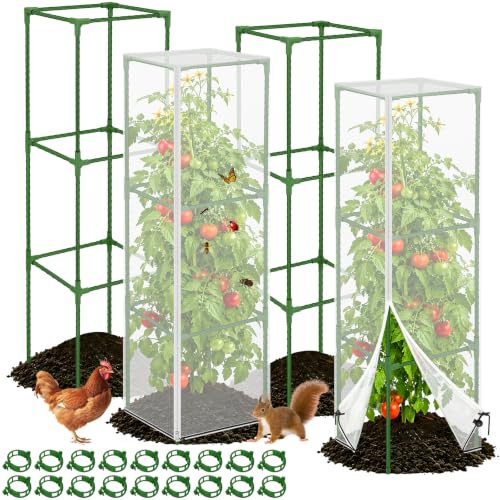 ROADPLUM 2 Pack Square Tomato Cages with 2 Plant Covers, 48" Heavy Duty Adjustable Tomato Cage for Garden, Plastic Coated Steel Pipe Stakes Trellis Plant Cages for Vegetable, Fruit, Climbing Plants - size: 2 PACK with Plant Covers