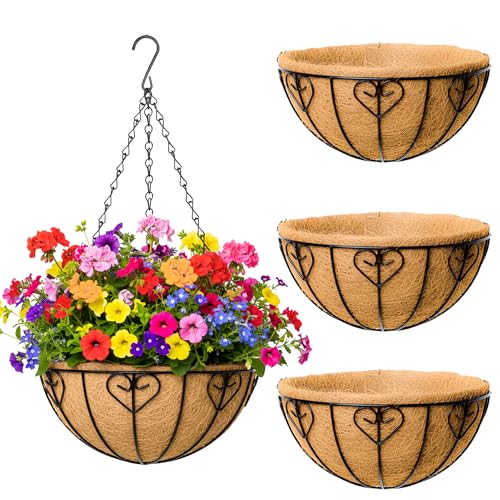 4 Pack Hanging Planters 14 Inch Metal Hanging Planter Basket Flower Pots with Coco Coir Liners Round Wire Plant Holder with Chain for Indoor Outdoor Patio Porch Garden Decoration（AX） - size: 14 Inch, style: Modern