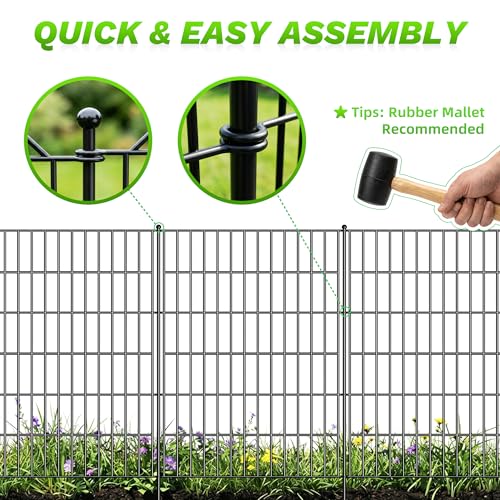 Toolterritary 10 Panels No Dig Decorative Garden Fence with Gate, 40in(H) x 26.0ft(L), Dog Fence Outdoor for Yard - Rustproof Metal Animal Barrier Fencing for Patio, Flower Bed - size: 40 in(H)×29.5in(L)