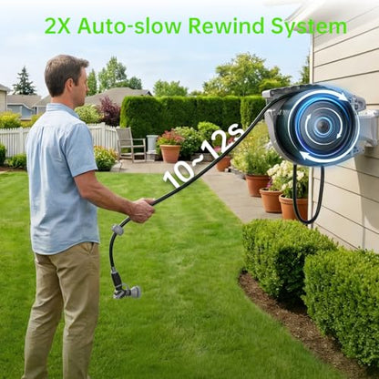 Retractable Garden Hose Reel, 5/8in 100 ft Hose Reel with 9 Patterns Nozzle - color: Grey